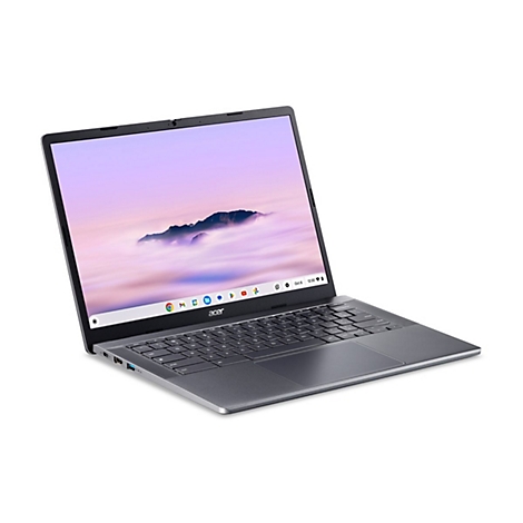 Grauer Laptop mit offenem Bildschirm, auf dem ein lila Himmel über Wolken zu sehen ist. Auf dem Gehäuse ist der Schriftzug „acer“ zu sehen.
