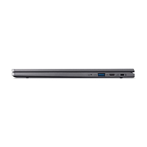 Draufsicht auf ein geschlossenes, graues Laptop mit Anschlüssen auf der rechten Seite.