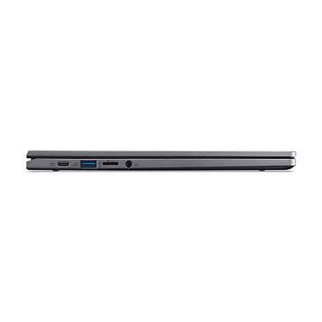 Graues Laptop-Profil, von der Seite. Anschlüsse für Strom, USB und Kopfhörer.