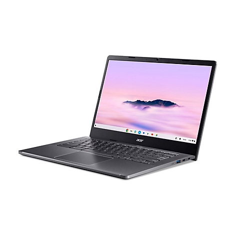 Dunkelgraues Acer Chromebook, geöffnet, zeigt Display mit Wolkenhimmel. Auf Tastatur steht „acer“.