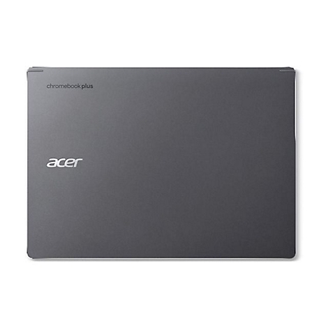 Dunkelgraues Acer Chromebook Plus Laptop, Ansicht von oben. "chromebook plus" und "acer" in Silber.