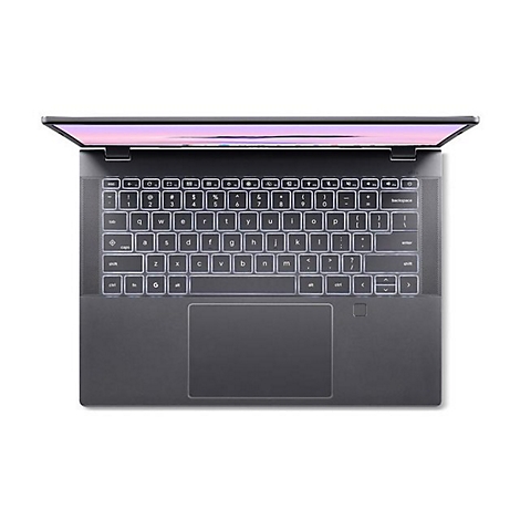 Draufsicht auf ein dunkelgraues Laptop mit beleuchteter Tastatur und Touchpad vor weißem Hintergrund.