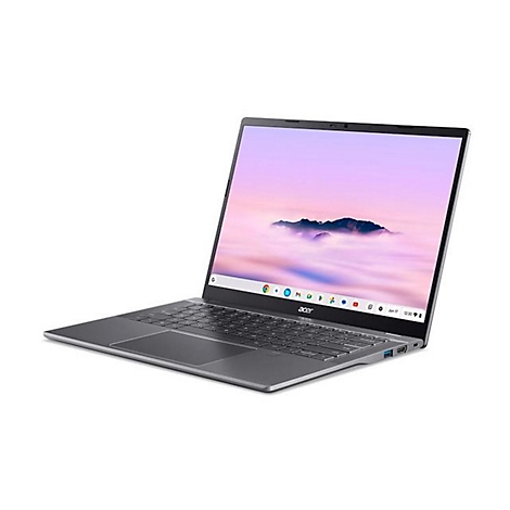 Ein silberner Acer Chromebook Laptop, leicht seitlich geöffnet vor weißem Hintergrund.