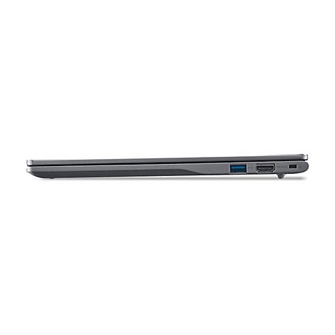 Seitliche Ansicht eines geschlossenen grauen Laptops mit sichtbaren USB- und HDMI-Anschlüssen.