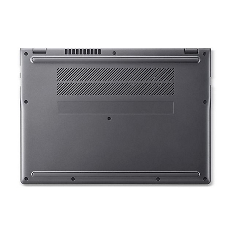 Die Unterseite eines grauen Laptops mit Belüftungsschlitzen und Gummifüßen auf weißem Hintergrund.