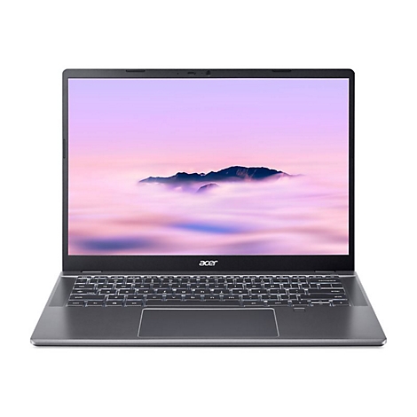 Acer Laptop von vorne mit dunklem Gehäuse und hellem Berg-Hintergrund auf dem Display.