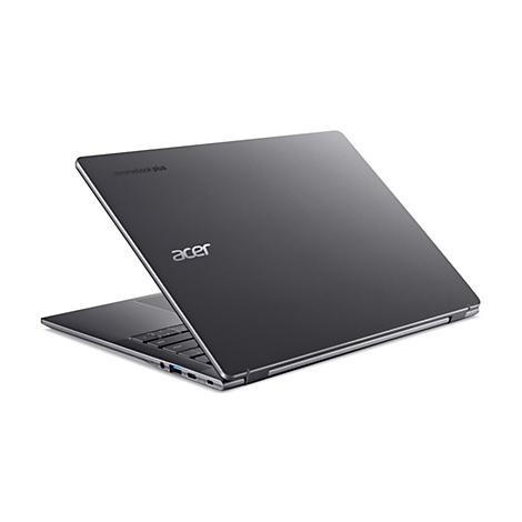Dunkelgrauer Acer Chromebook Plus Laptop, halb geöffnet, von hinten rechts gesehen.