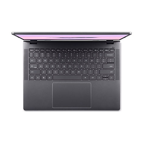 Draufsicht auf ein graues Laptop mit geöffnetem Bildschirm. Die Tastatur ist vollständig zu sehen.