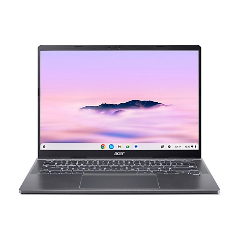 Ein graues Acer Chromebook-Notebook mit geöffnetem Bildschirm vor weißem Hintergrund. Der Bildschirm zeigt eine Landschaft mit Wolken und einem Gebirge.