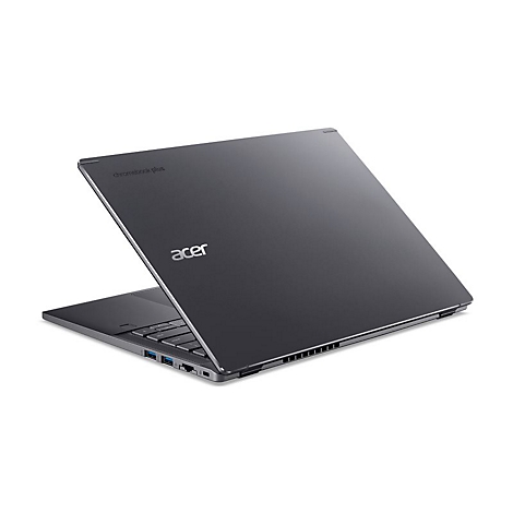 Dunkelgraues Acer Chromebook Plus Laptop, teilweise geöffnet, mit Acer-Logo und 'Chromebook Plus' Schriftzug.