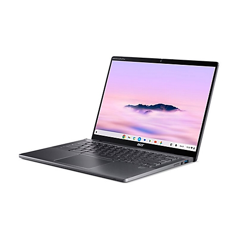Dunkelgraues Acer Chromebook, geöffnet. Auf dem Bildschirm sind Berge über Wolken zu sehen. Schwarze Tastatur, weißer Hintergrund.