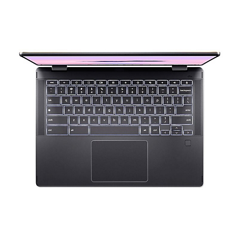 Draufsicht auf ein schwarzes Laptop, leicht geöffnet, mit beleuchteter Tastatur und Touchpad.
