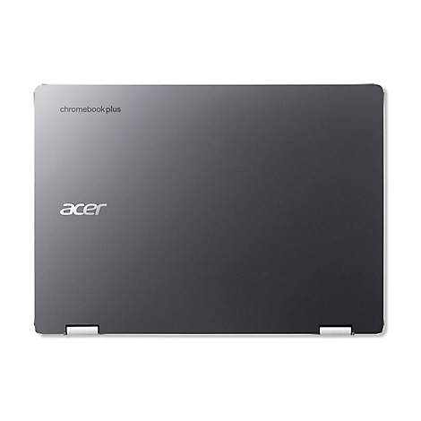 Dunkelgraues Acer Chromebook Plus. Auf der Oberfläche steht "chromebook plus" und "acer" in silberfarbener Schrift.