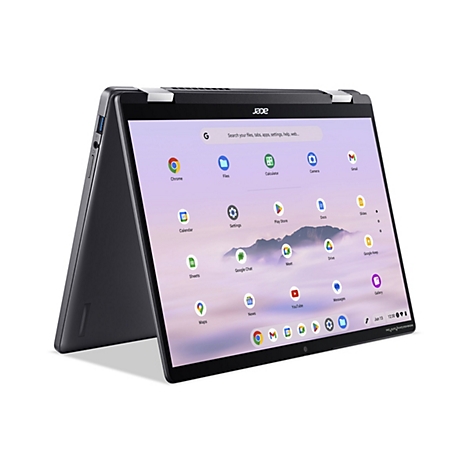 Ein schwarzes Acer Chromebook-Tablet in geöffneter Position, das das Display mit App-Symbolen zeigt. Der Laptop ist auf einem weißen Hintergrund platziert.