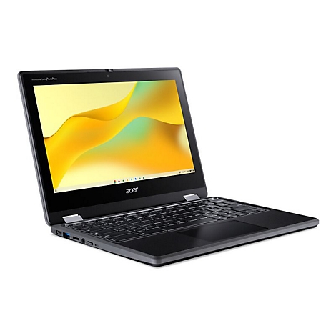 Schwarzes Acer Chromebook, halb geöffnet, mit gelb-orangenem Bildschirmhintergrund. Logo "acer".