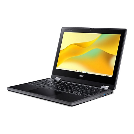 Ein schwarzes Acer Chromebook-Laptop, das teilweise geöffnet auf weißem Hintergrund steht. Der Bildschirm zeigt ein gelbes, abstraktes Design.