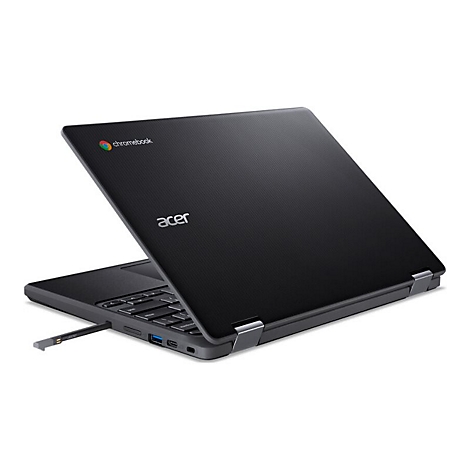 Schwarzes Acer Chromebook, halb geöffnet, auf weißem Hintergrund. Chromebook-Logo oben links, Acer-Logo mittig.