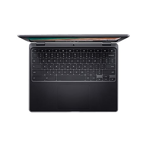 Draufsicht auf ein schwarzes Chromebook mit geöffnetem Display. Tastatur, Touchpad und Webcam sind zu sehen.