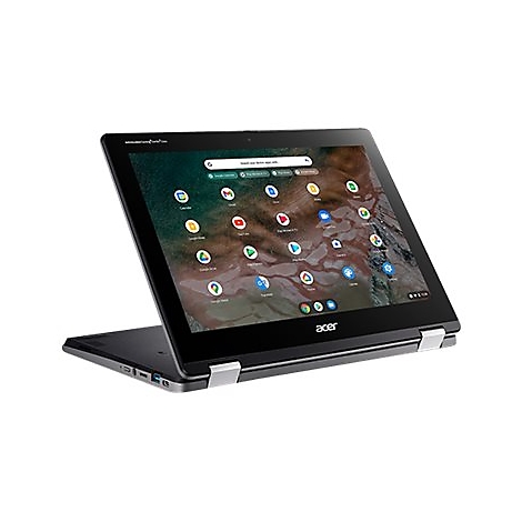 Schwarzes Acer Chromebook, aufgeklappt, Bildschirm mit App-Symbolen. Silberne Scharniere verbinden Display und Tastatur. Auf dem Bildschirm: Google-Suche, Schriftzug Acer.