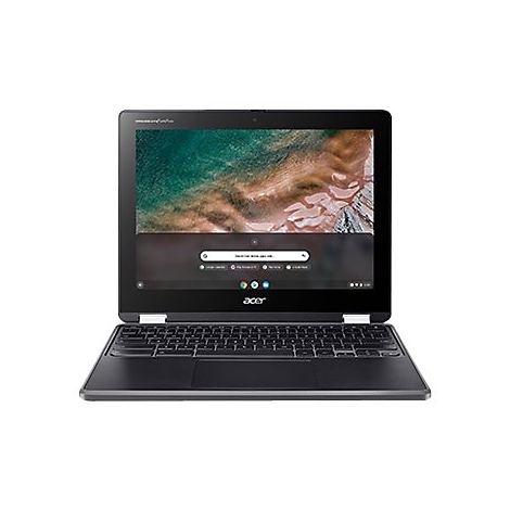 Schwarzes Acer Chromebook, geöffnet. Auf dem Bildschirm ist eine Google Suchleiste zu sehen.