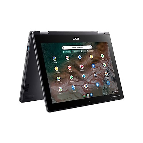 Schwarzes Acer Chromebook-Tablet, geöffnet, mit Apps auf dem Bildschirm.