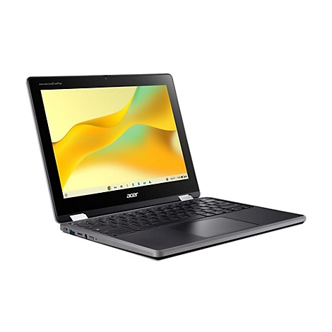 Schwarzes Acer Chromebook, halb geöffnet, auf weißem Hintergrund. Der Bildschirm zeigt ein gelbes Wellenmuster.