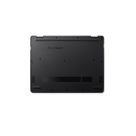 Schwarzer Laptop von unten, auf weißem Hintergrund. Sichtbar sind Schrauben, Lüftungsschlitze und Aussparungen.