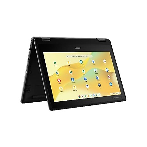 Schwarzes Acer Chromebook, halb aufgeklappt. Auf dem Bildschirm sind App-Symbole zu sehen.