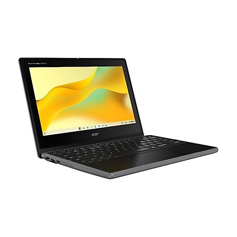 Schwarzes Acer Chromebook, halb geöffnet auf weißem Hintergrund, Bildschirm mit gelbem Hintergrund.