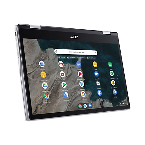 Ein Acer Chromebook-Tablet, schwarz und silbern, mit geöffnetem Bildschirm. Auf dem Bildschirm sind Google-Apps zu sehen, inklusive Chrome und Gmail.