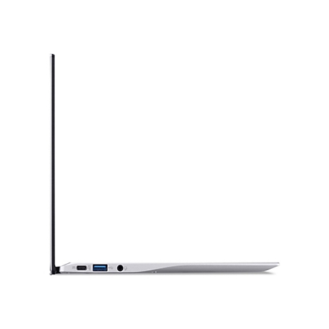 Seitenansicht eines silbernen Laptops auf weißem Hintergrund. Der Laptop ist geöffnet und zeigt verschiedene Anschlüsse.