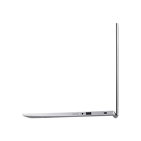 Seitenansicht eines silbernen Laptops mit geöffnetem Display. Anschlüsse auf der linken Seite.