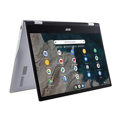 Ein silbernes Acer-Chromebook-Tablet in geöffneter Position, das den Bildschirm mit Apps und dem Acer-Logo zeigt.