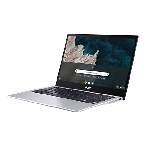 Ein silberner Laptop auf weißem Hintergrund, leicht von links betrachtet. Auf dem Bildschirm ist eine Google-Suchleiste mit Google-Apps geöffnet. Das Acer-Logo ist unter dem Bildschirm.