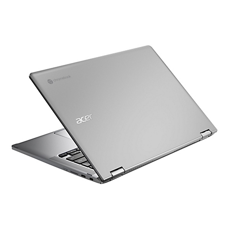 Ein silberner Acer Chromebook Laptop ist teilweise geöffnet, vor weißem Hintergrund. Der Schriftzug "Chromebook" und das Acer-Logo sind zu sehen.