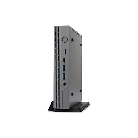 Grauer PC, im Hochformat, vor weißem Hintergrund, mit Anschlüssen und Knopfleiste an der Vorderseite, auf einem schwarzen Ständer.