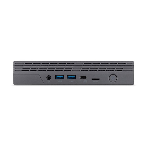 Grauer Mini-PC mit Anschlüssen für Kopfhörer, USB, USB-C und Strom. Oben ist ein Lüftungsgitter.