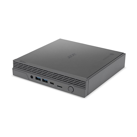 Grauer Acer Chromebox Computer, flach und rechteckig, mit Anschlüssen.