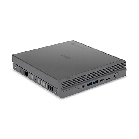 Grauer Acer Chromebox Computer, von vorne schräg fotografiert. Sichtbar sind das Acer Logo und die Anschlüsse.