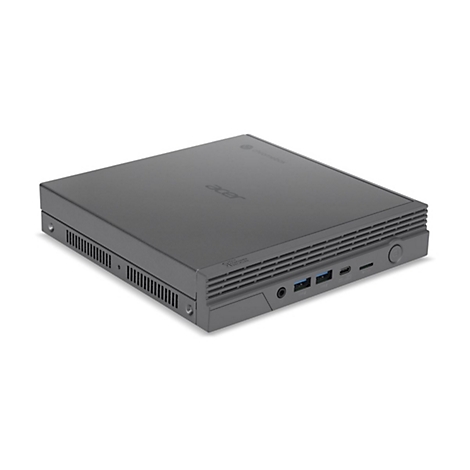 Dunkelgraue Acer Chromebox. Seitlich Lüftungsschlitze, vorne Anschlüsse. Oben Acer und Chrome-Schriftzug.