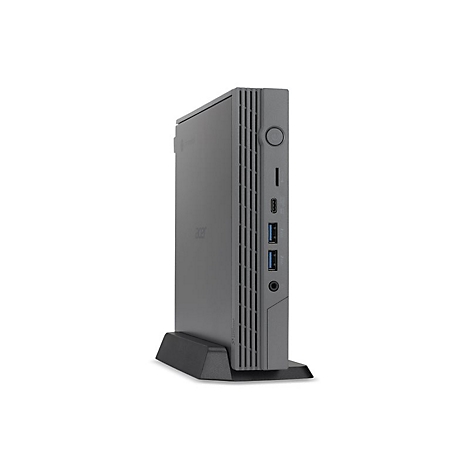 Dunkelgrauer Desktop-PC mit vertikaler Ausrichtung, Frontansicht. Auf einem schwarzen StÃ¤nder.
