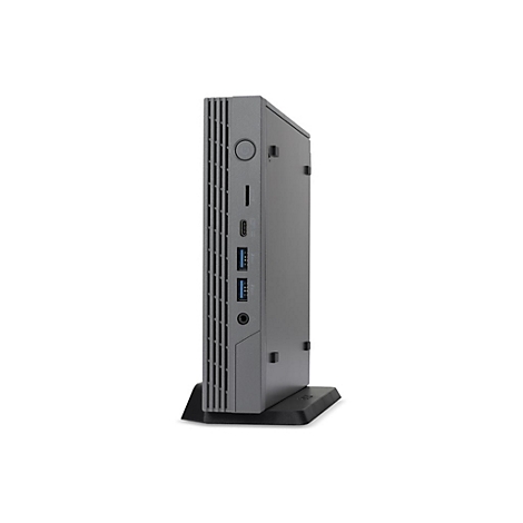 Grauer Mini-PC von der Seite. Das GerÃ¤t steht auf einem StÃ¤nder. Auf der Vorderseite sind AnschlÃ¼sse zu sehen.