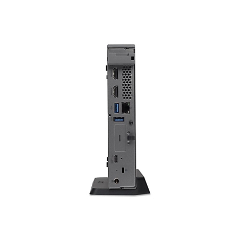 Seitenansicht einer grauen Dockingstation mit AnschlÃ¼ssen, darunter USB und HDMI, auf weiÃŸem Hintergrund.