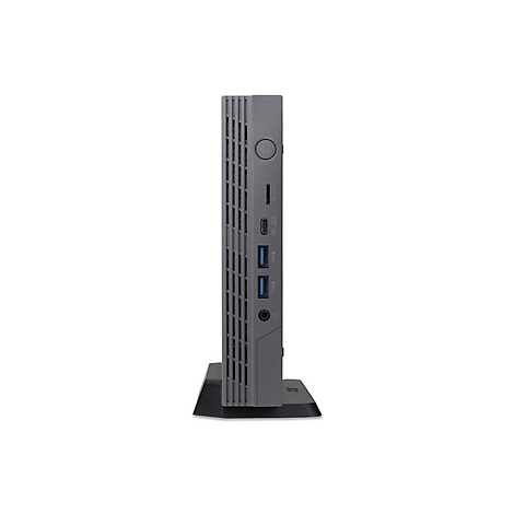 Grauer Desktop-PC-Tower, seitlich betrachtet, mit AnschlÃ¼ssen und StandfuÃŸ vor weiÃŸem Hintergrund.