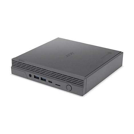 Grauer Acer Chromebox-Computer mit AnschlÃ¼ssen, die sich auf einer weiÃŸen OberflÃ¤che befinden.