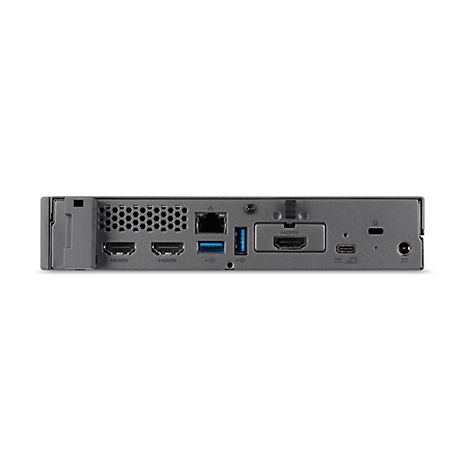 RÃ¼ckansicht einer grauen elektronischen Box mit AnschlÃ¼ssen: HDMI, USB, Ethernet, Strom.