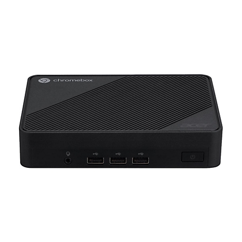 Schwarzer Acer Chromebox Computer. Oben: Logo. Vorne: Anschlüsse für Audio, USB, und Ein-/Ausschalter.