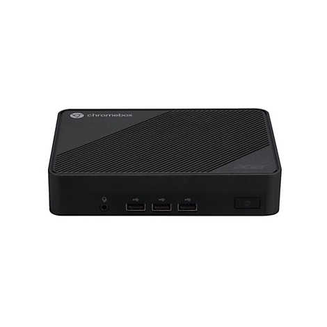 Schwarze Acer Chromebox mit 'Chromebox' und 'Acer'-Schriftzug. Auf der Vorderseite: Anschlüsse und Ein/Aus-Schalter.
