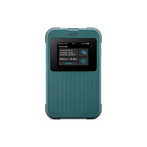 Acer 5G Mobiler Hotspot mit grünem Gehäuse und digitalem Display vor weißem Hintergrund.