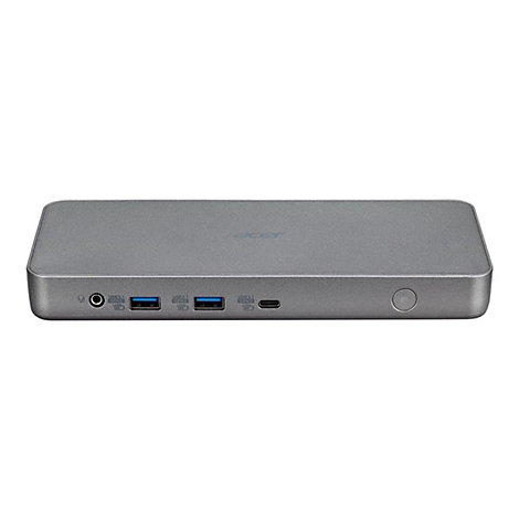 Graue Acer-Dockingstation mit AnschlÃ¼ssen, wie USB, KopfhÃ¶rer und USB-C, liegt auf weiÃŸem Hintergrund.